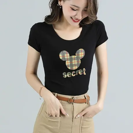 欧洲站烫钻短袖T恤女夏纯棉修身欧货潮圆领纯棉半袖汗衫打底上衣图片