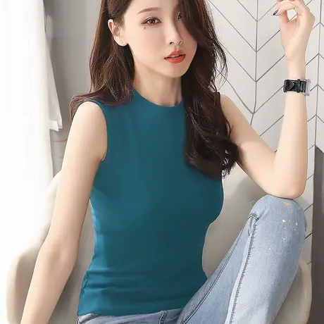 孔雀蓝半高领无袖上衣女士夏季新款百搭纯色紧身修身中领背心外穿图片