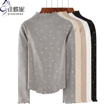秋冬新款韩版半高领荷叶边印花双面德绒加厚长袖体恤上衣内搭女装图片