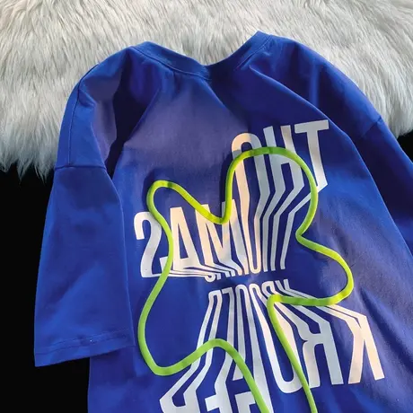 小众克莱因蓝美式t恤女复古大码bf风纯棉短袖ins潮牌新款夏季上衣商品大图