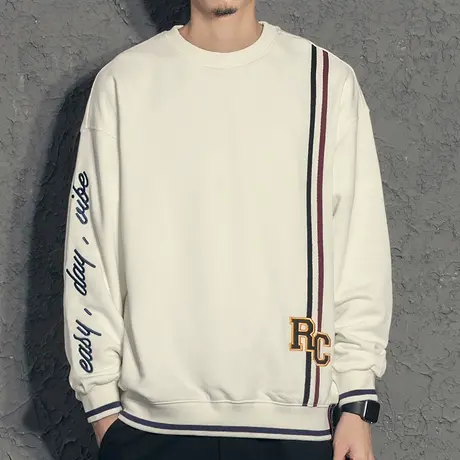 奕飏字母刺绣男生秋装上衣韩版潮圆领套头潮牌条纹拼色卫衣男秋季商品大图