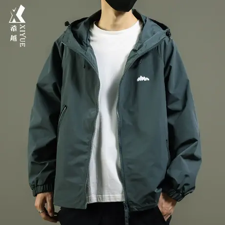 登山防风冲锋衣外套男灰绿色2023秋冬新款宽松大码连帽工装夹克潮商品大图