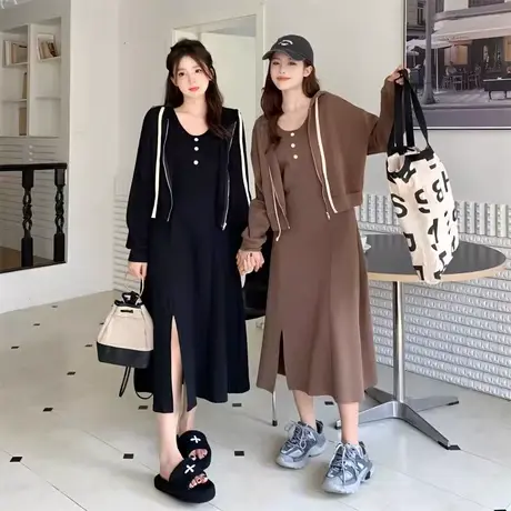 胖mm大码宽松显瘦套装女春秋薄款卫衣外套背心连衣裙两件套200斤商品大图