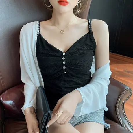 性感V领蕾丝小吊带内搭洋气修身无袖蕾丝上衣显瘦背心女外穿潮夏商品大图