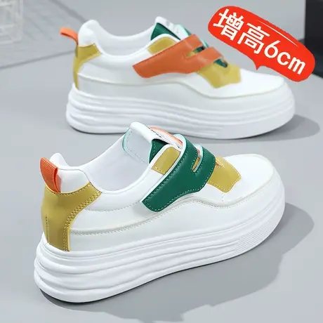 厚底小白鞋女34码内增高6cm春季皮面休闲运动鞋轻便显脚小老爹鞋商品大图
