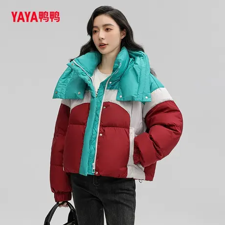 鸭鸭羽绒服女2023年新品短款连帽韩版时尚撞色保暖外套C图片