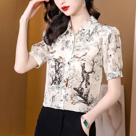 真丝短袖衬衫夏季打底衫女2023新款宽松别致印花减龄复古时尚衬衣图片