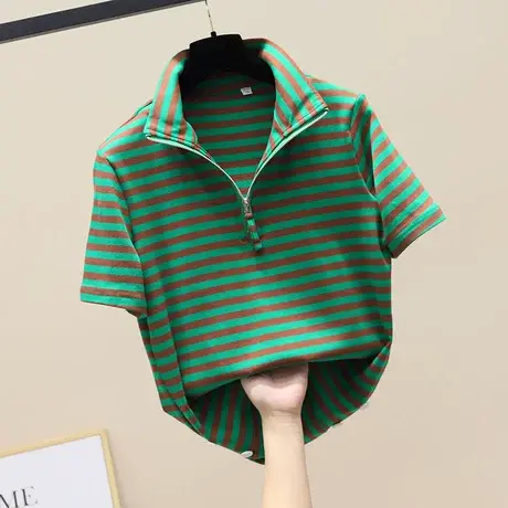 秋季新款宽松百搭个性条纹立领长袖T恤女韩版时尚洋气拉链打底衫商品大图