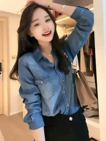 港风牛仔衬衫女2023新款春装内搭叠穿衬衣薄外套法式别致上衣外穿商品大图