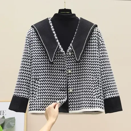 早秋韩版宽松针织海军领甜酷小香风千鸟格短款外套女春秋小众上衣商品大图