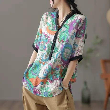 dza复古宽松V领苎麻上衣女士短袖2022夏薄款气质漂亮宽松棉麻衬衣图片