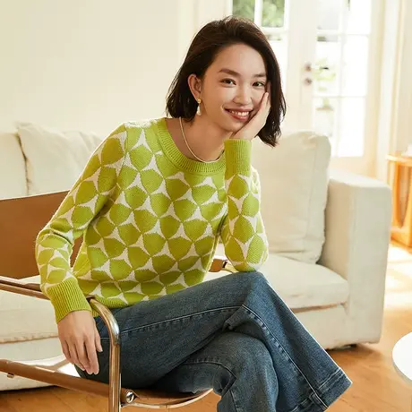 阿依莲美洋休闲套头毛织女2024新款春季复古格纹撞色针织衫内搭衫图片