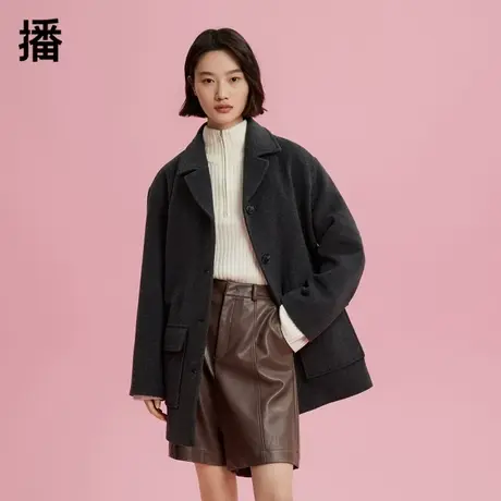 播&CRZ联名系列毛呢外套女2023秋冬新款翻领短款简约休闲羊毛大衣图片