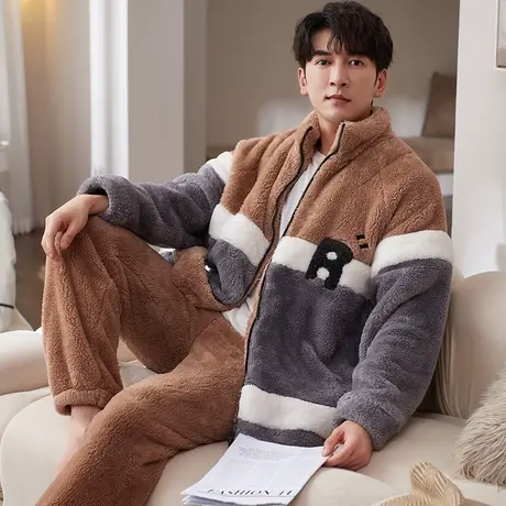 猫人法兰绒睡衣男秋冬季2023新款加绒珊瑚绒大码可外穿家居服套装图片