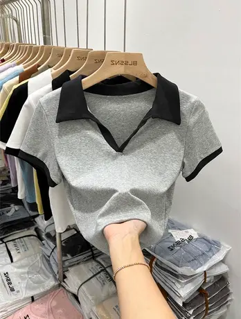 v领短袖t恤女内搭显瘦夏季2023年新款polo衫美式小众正肩短款上衣商品大图
