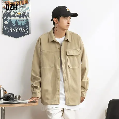 男士日系灯芯绒长袖衬衫男秋季质感上衣潮牌男款外套卡其复古衬衣商品大图