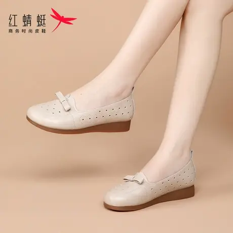红蜻蜓女鞋镂空透气平底一脚蹬小皮鞋女夏季中老年妈妈老人鞋清仓商品大图