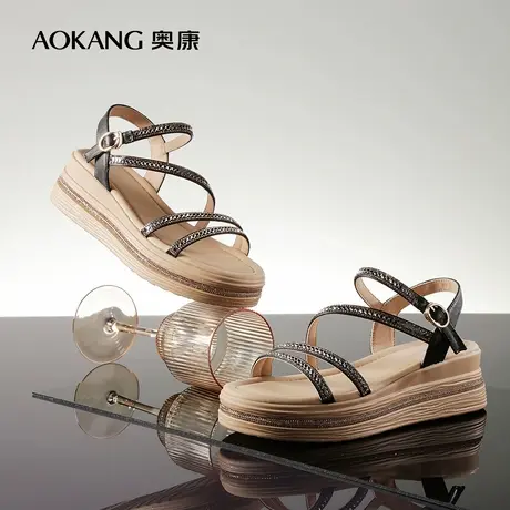 【门店发货】奥康女鞋 新款休闲一字带水钻露趾罗马凉鞋图片