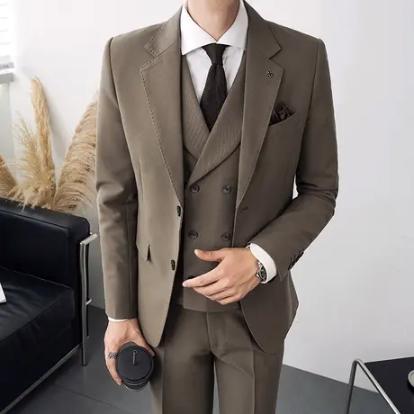 高级感气质咖啡色西装男三件套职业通勤西服修身痞帅新郎结婚礼服商品大图