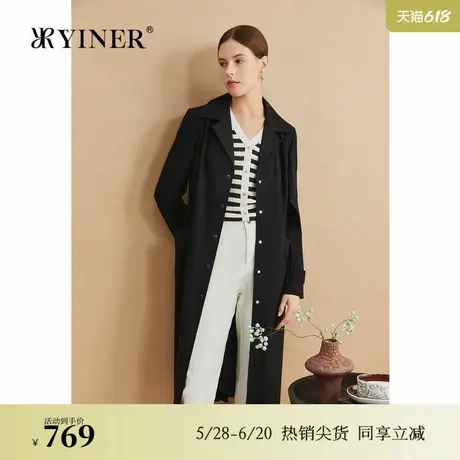 YINER音儿专选秋季弹力单排扣风衣翻驳领长款外套商品大图