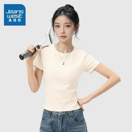 NOB真维斯杏色紧身短袖t恤女2025新款夏修身正肩短款休闲运动上衣商品大图