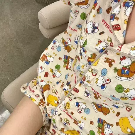 新品春季上新a类纯棉双层纱包边可爱卡通印花短袖短裤睡衣家居服商品大图