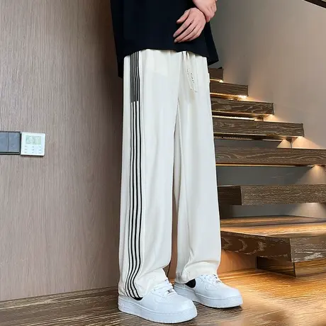 美式条纹速干冰丝裤男直筒青少年夏季薄款裤子加长款白色运动卫裤商品大图