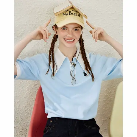 a02撞色小清新休闲百搭女式Polo衫夏季宽松减龄短袖上衣图片