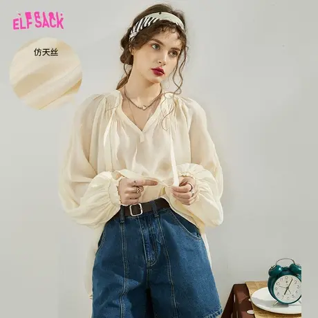 妖精的口袋系带v领白色雪纺衫女2023秋新款薄纱气质小衫宽松上衣图片