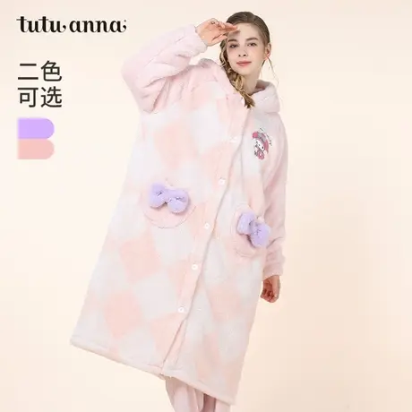 tutuanna冬季加厚睡衣女 羊羔绒保暖舒适三丽鸥连帽大睡袍家居服图片