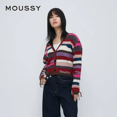 MOUSSY 春季新品复古民族风撞色条纹V领针织开衫女028HAA70-2311商品大图