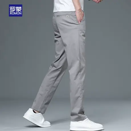 罗蒙夏天纯棉休闲裤男士修身直筒弹力潮牌夏季薄款浅灰色长裤子男商品大图