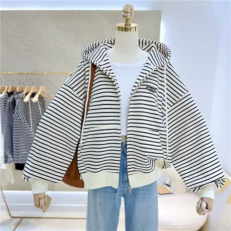 秋季百搭新款慵懒刺绣条纹韩版宽松大码拉链开衫连帽卫衣女外套商品大图