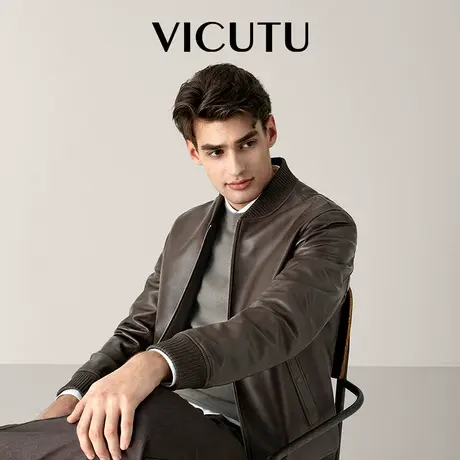 【雷总同款】VICUTU威可多秋冬橙标皮衣棕色机车服潮流百搭皮夹克图片