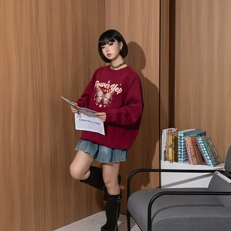 YEP美式蝴蝶印花卫衣女春秋2025新款插肩袖套头加厚无帽上衣商品大图