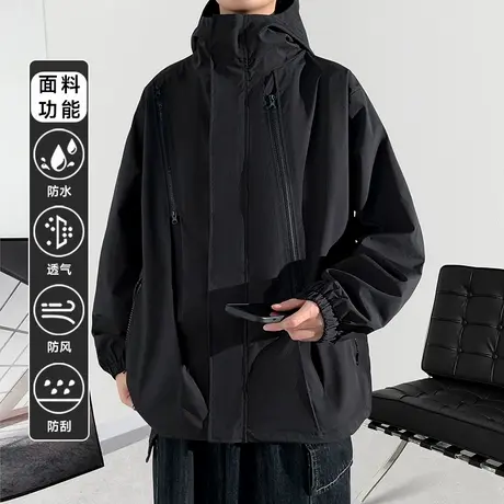 户外三合一冲锋衣男士春秋季外套防水薄款连帽夹克美式黑色登山服图片