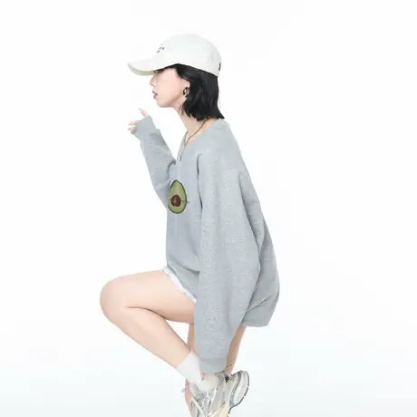 YEP插肩袖水果印花卫衣女2025春秋新款美式潮牌宽松情侣款上衣商品大图