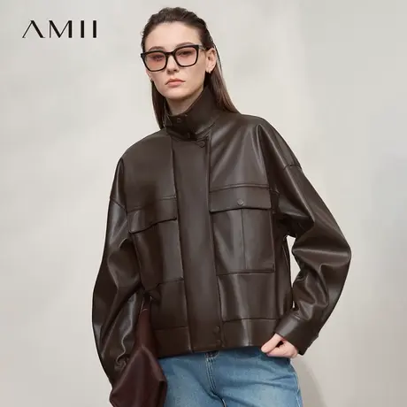 Amii2025秋新款复古摩登机车风翻领环保皮衣女宽松落肩袖夹克上衣商品大图