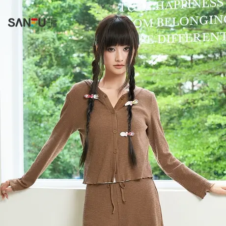 三福女秋季毛织连帽外套 时尚个性宽松单衣抽绳腰上衣女511031商品大图