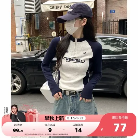 唐狮2025春季长袖T恤女立领拉链袖子拼接美式复古休闲气质高级感商品大图