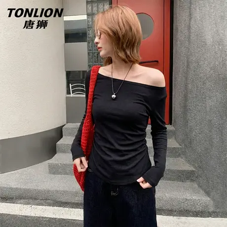 唐狮官方一字肩长袖上衣女2026新款春秋款女士修身内搭外穿t恤VB图片