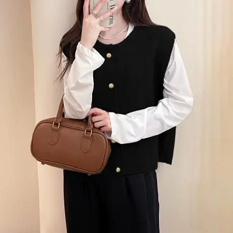 唐狮秋冬季女毛衣简约复古风圆领开衫马甲背心百搭好穿毛线衫tu商品大图