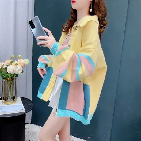 2023秋冬新款韩版针织开衫外穿宽松慵懒风减龄洋气拼色毛衣外套女商品大图