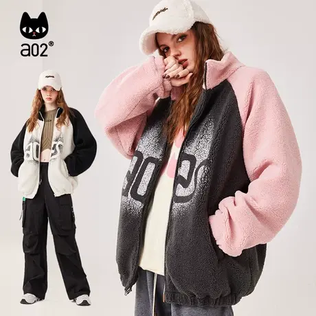 a02喷墨撞色舒适街头风2023冬字母卡通甜酷仿羊羔毛插肩长袖外套商品大图