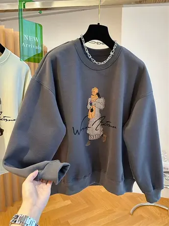 韩系chic设计感宽松休闲植绒印花加绒加厚卫衣女秋冬圆领减龄上衣商品大图