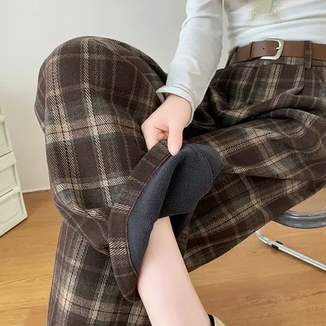 格子裤毛呢阔腿裤女2023新款高腰垂感加绒裤子冬季宽松直筒拖地裤商品大图