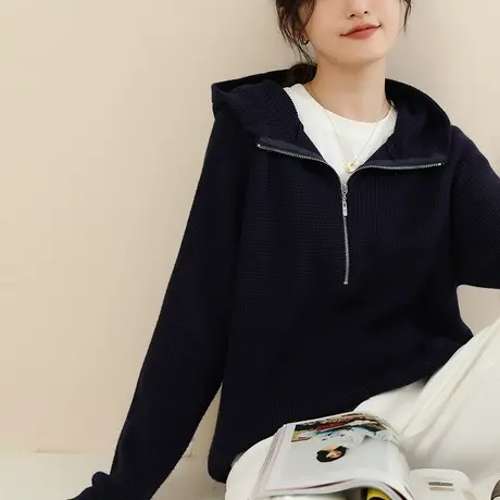 新品8.5折】连帽套头毛衣女宽松休闲打底针织衫上衣厚图片