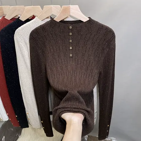 亮丝半高领毛衣女打底衫2023秋冬新款套头镂空针织衫洋气内搭上衣商品大图