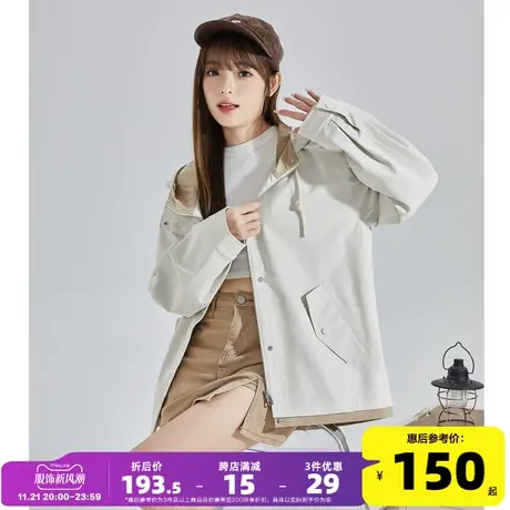 唐狮春秋新款美式冲锋少年上衣女早春薄款连帽运动登山服工装外套图片