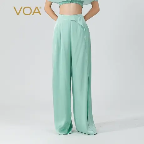 VOA艾绿色40姆米双面缎重磅桑蚕丝自然腰侧口袋靓丽真丝阔腿长裤图片